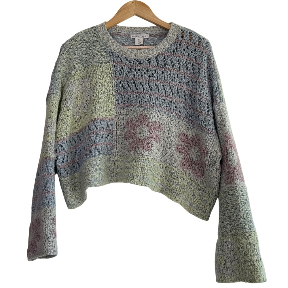 Sincerely Jules Sweater Pastel‎ Patchwork Floral Knit Cropped Pullover Boho